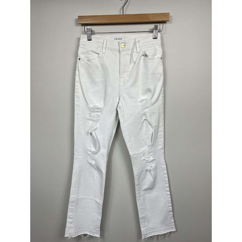 Frame Jeans Womens 24 White Le High Ankle Straight Leg Distressed Holes Raw Hem